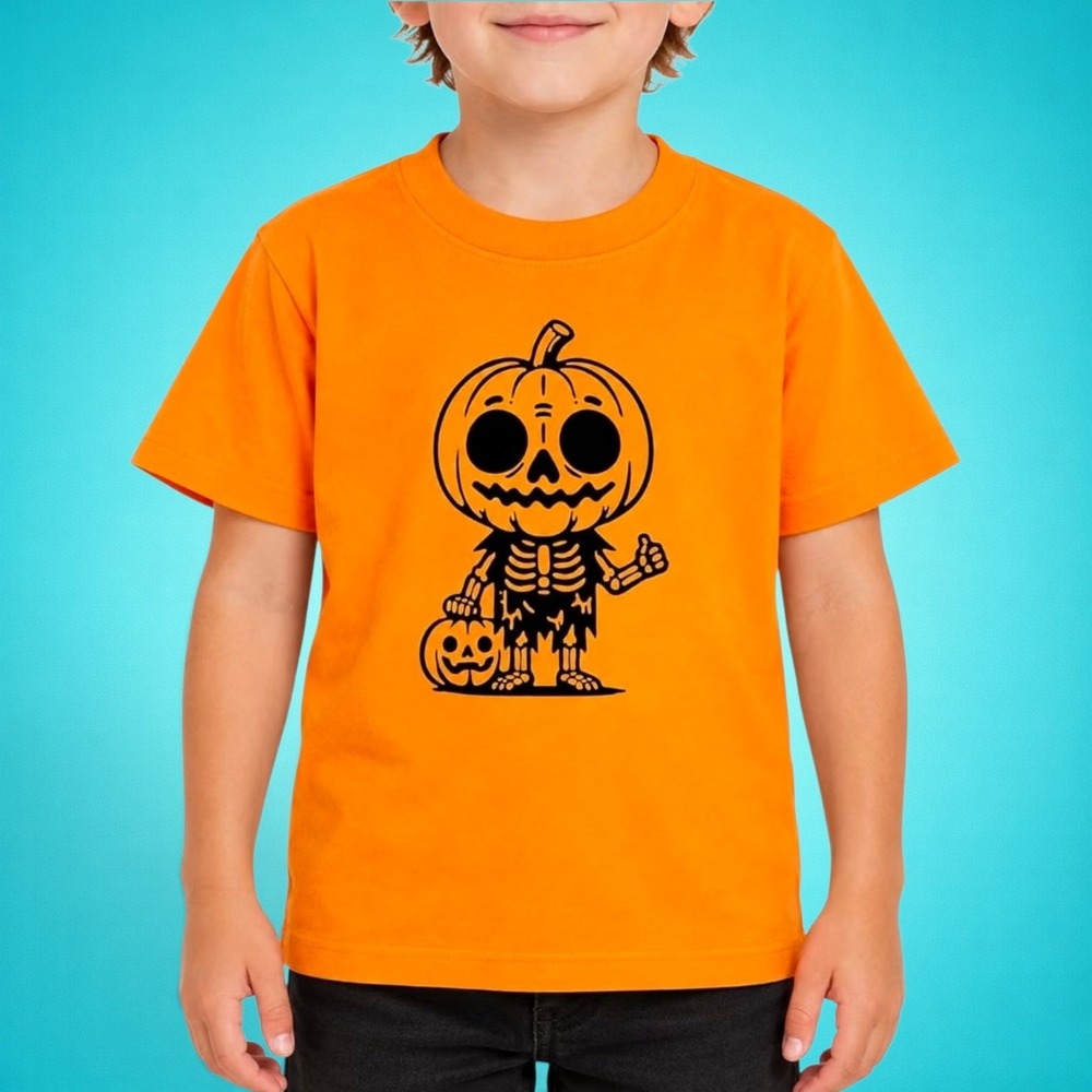New adorable kids' Halloween pumpkin skeleton graphic T-shirt, orange, size 6/7.
